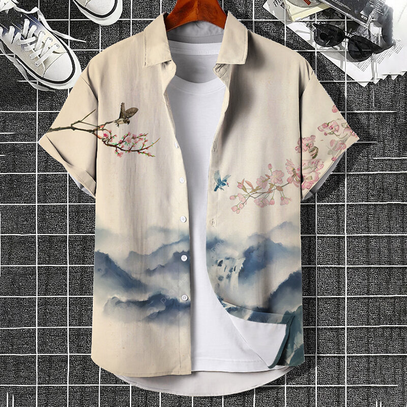 قميص هاواي بطباعة ثلاثية الأبعاد للرجال ، نمط اللوحة الصينية ، الموضة ، زر ، أكمام قصيرة ، طية صدر السترة ، ملابس الشارع ، الكلاسيكية ، الصيف