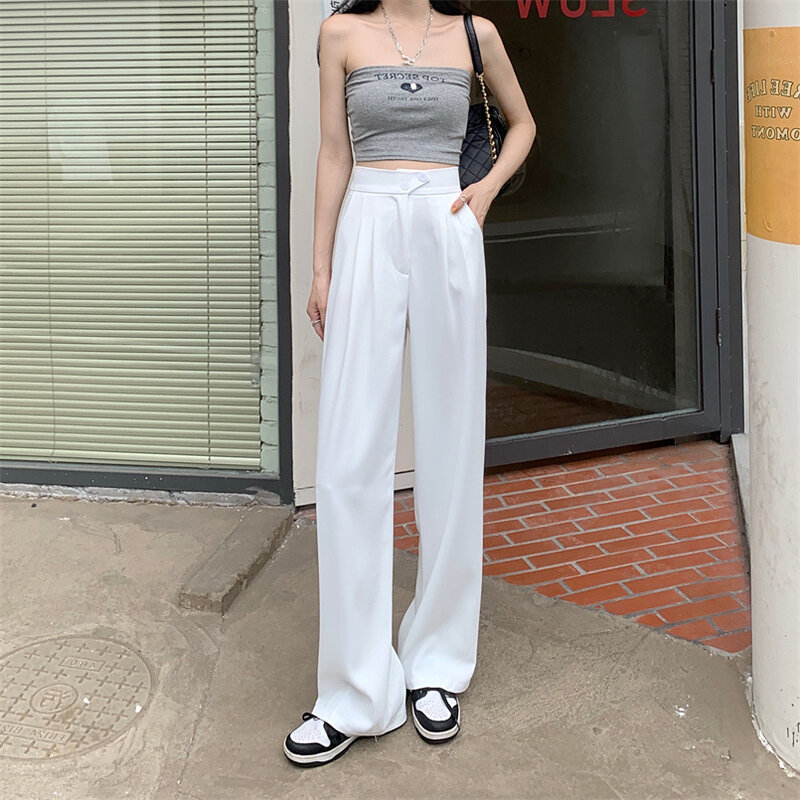Pantalones de pierna ancha para mujer, Pantalones rectos de pierna ancha, pantalones de cintura alta de estilo coreano, pantalones de traje sueltos de Color sólido