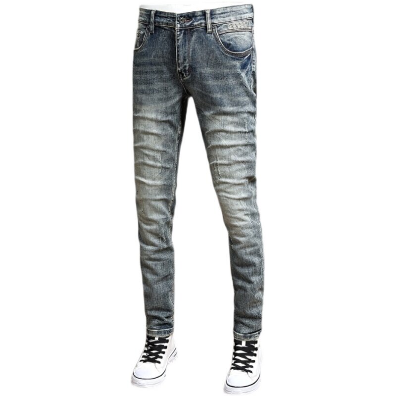 Fashion Vintage Mannen Jeans Retro Blauw Stretch Elastische Slim Fit Ripped Jeans Mannen Borduren Designer Casual Denim Broek Hombre