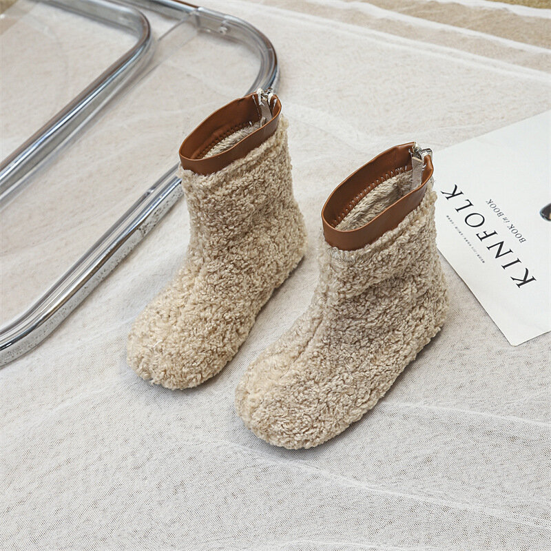 Botas de neve curtas infantis, botas de pele feminina, forro grosso, algodão quente, botas de inverno para bebês, 2023