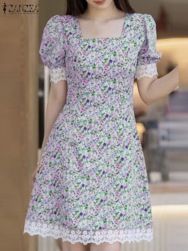 ZANZEA gaun lengan pendek wanita, jubah pesta cetakan Mini Korea leher persegi Musim Panas 2024