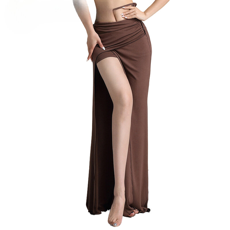 Sexy Modal Belly Dance Costume High Waist Draw String Long Skirt Side Split Slim Dancer Practice Wear Comfortable Black Adult XL