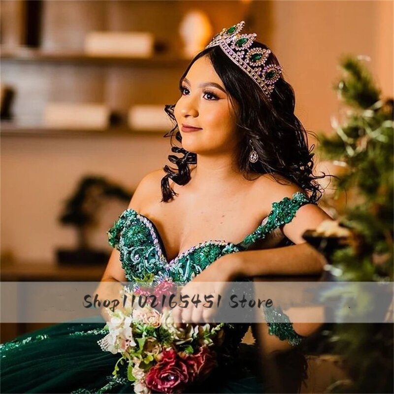 Vestidos de quinceañera verde esmeralda cazador, encaje con cuentas florales, princesa mexicana dulce 16 vestidos de graduación, 15 quinceañera