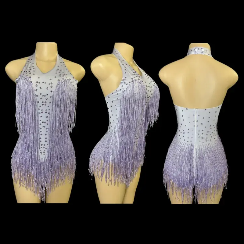 Sparkly Rhinestones Fringe Bodysuit WomenVightclub Party Dance Costume Stage Wear SexyTassel Leotard Performance Clothing