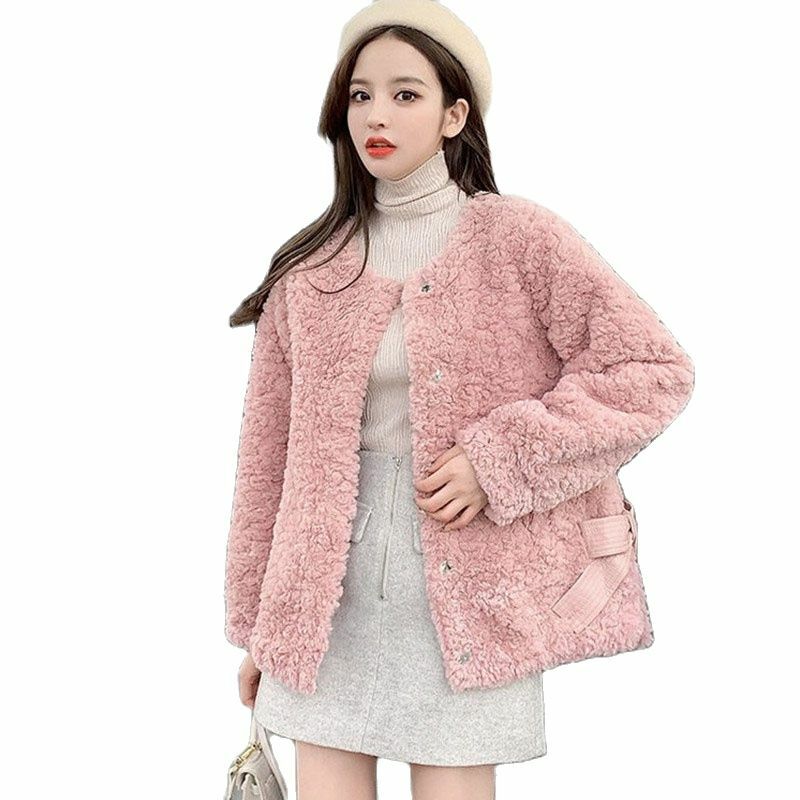 Abrigo de lana de cordero para mujer, abrigo corto de terciopelo de grano grueso, chaqueta con lazo a la moda, otoño e invierno, 2022