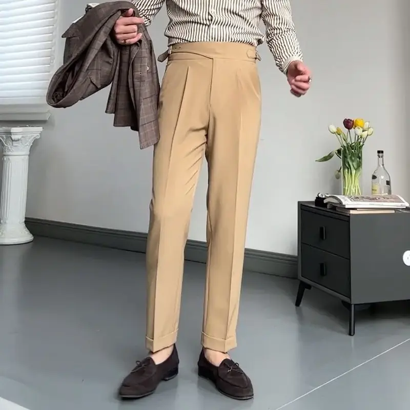 Celana panjang pria C82, pakaian Formal pria celana warna polos mode musim panas kasual ramping Linen gaya Korea 2024