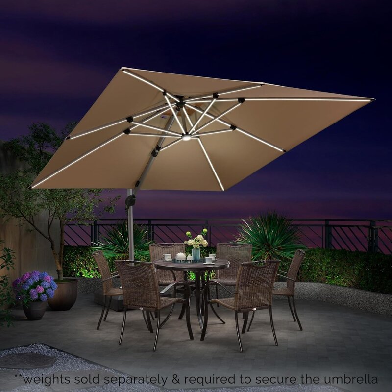 Patio Umbrellas 9' X 12' Dual Top Deluxe Solar Powered LED Patio Offset Shade, Garden Shade, Beige Patio Umbrellas
