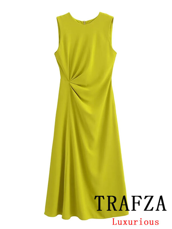 TRAFZA-Vestido chique vintage casual feminino, amarelo, monocromático, decote em O, zíper, sem mangas, reto, primavera, verão, moda, 2024