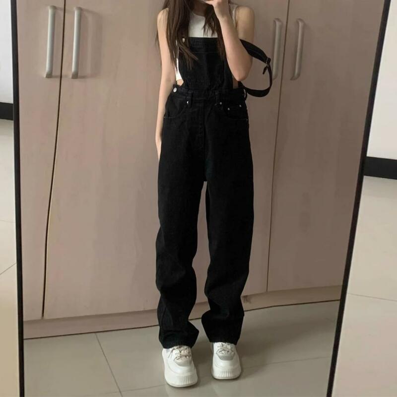 Women Overalls Vintage Sleeveless Jumpsuit Loose Fit High Waist Straight Wide Leg Preppy Style Overalls with Pockets for Women