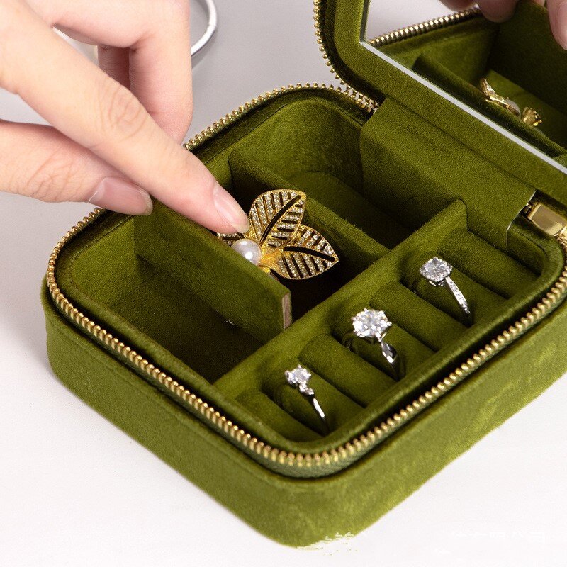 Velvet Mini Jewelry Box With Mirror Earstud Storage Organizer Travel Portable Earring Necklace Bracelet Holder Square Gift Case