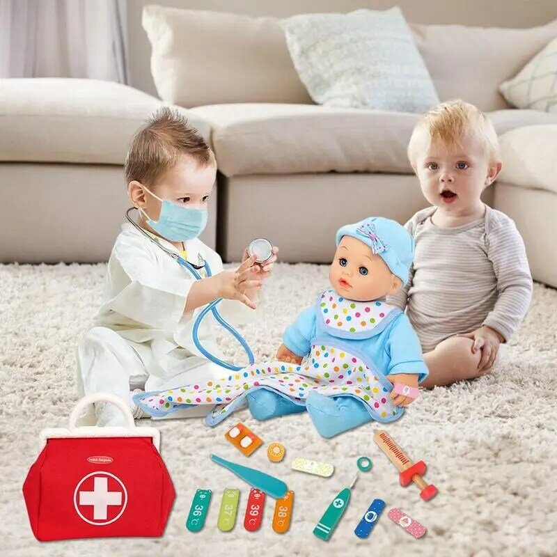 Set da gioco medico in legno 23 pezzi Kit medico per bambini Kit medico finto durevole Kit medico per bambini con stetoscopio elettronico per la casa