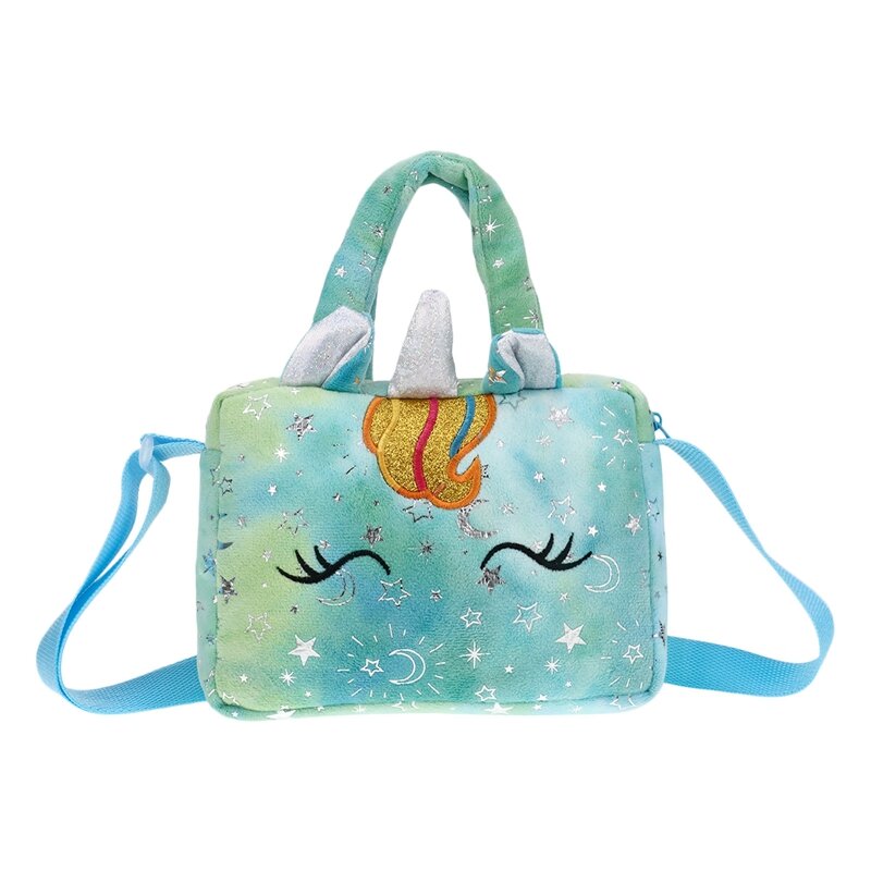 Mini bolso cruzado de felpa suave de unicornio para mujer, bolso de mano de tinte atado, bolso de luna de estrella brillante de estilo lindo y fresco