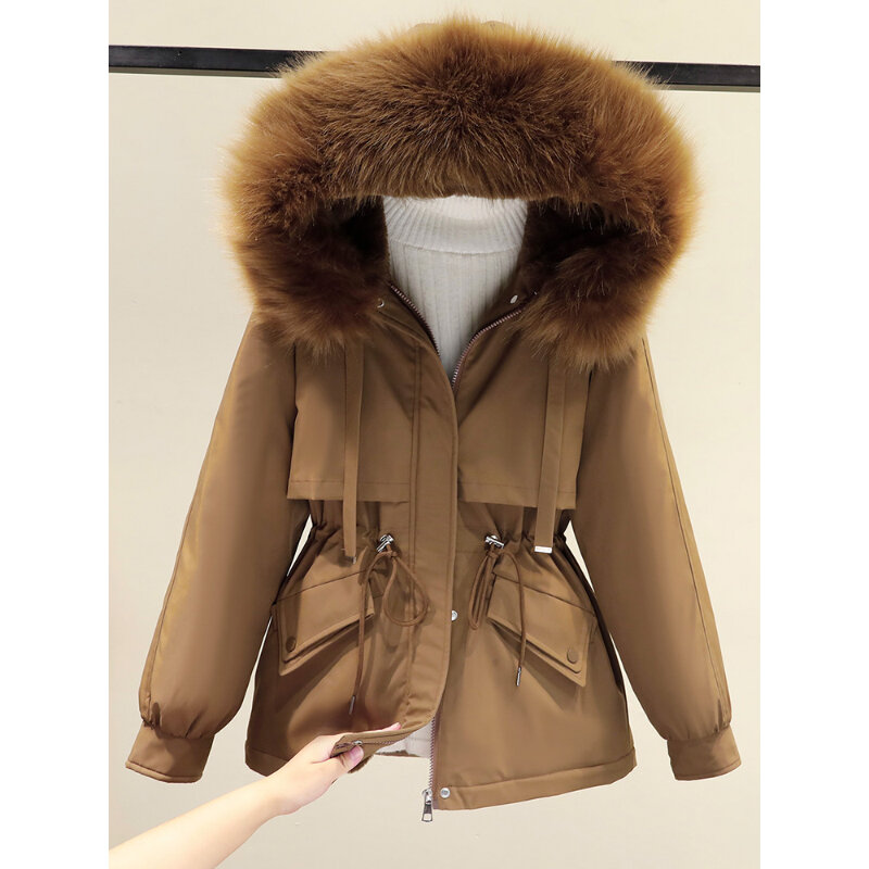 2023 damskie jesienno-zimowe bawełniane kurtki koreański styl jednolity kolor kurtka z kapturem gruby termiczny wiatroszczelny płaszcz biurowy