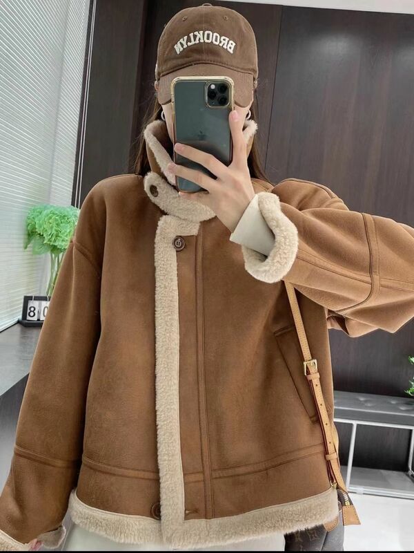 Fashion Lambwool Lined Faux Leather Coat Winter New Single Breasted Thick Casaco Lapel Warm Lambwool Fluff Loose Outerwear