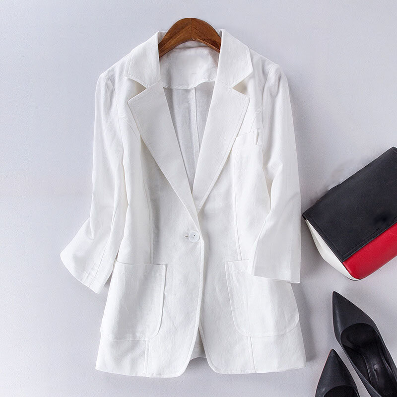معطف بدلة نسائي من القطن والكتان ، رقيق وعصري ، مناسب للجسم ، قميص قصير ، متعدد الاستخدامات ، C310 Plus C350