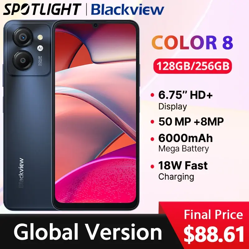 Blackview-première mondiale COLOR 8, 90Hz, écran 6.75 pouces, 128 Go/256 Go, caméra arrière 50MP, batterie 6000mAh, 18W, GPS à charge rapide