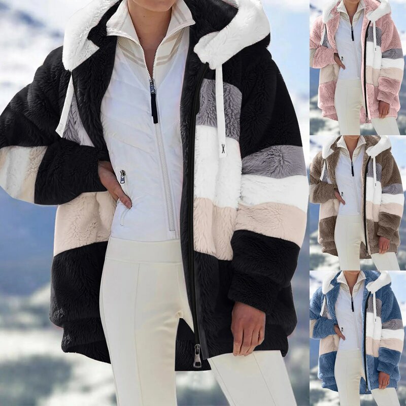 Jaket crop palsu wanita, Luaran bulu lembut lengan panjang, blok warna kasual ukuran besar musim gugur dan dingin