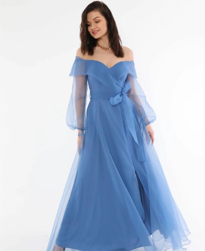 Платье вечернее ТРАПЕЦИЕВИДНОЕ с открытыми плечами, из органзы, с Боковым Разрезом, синее, в пол, с бантом, для выпускного вечера