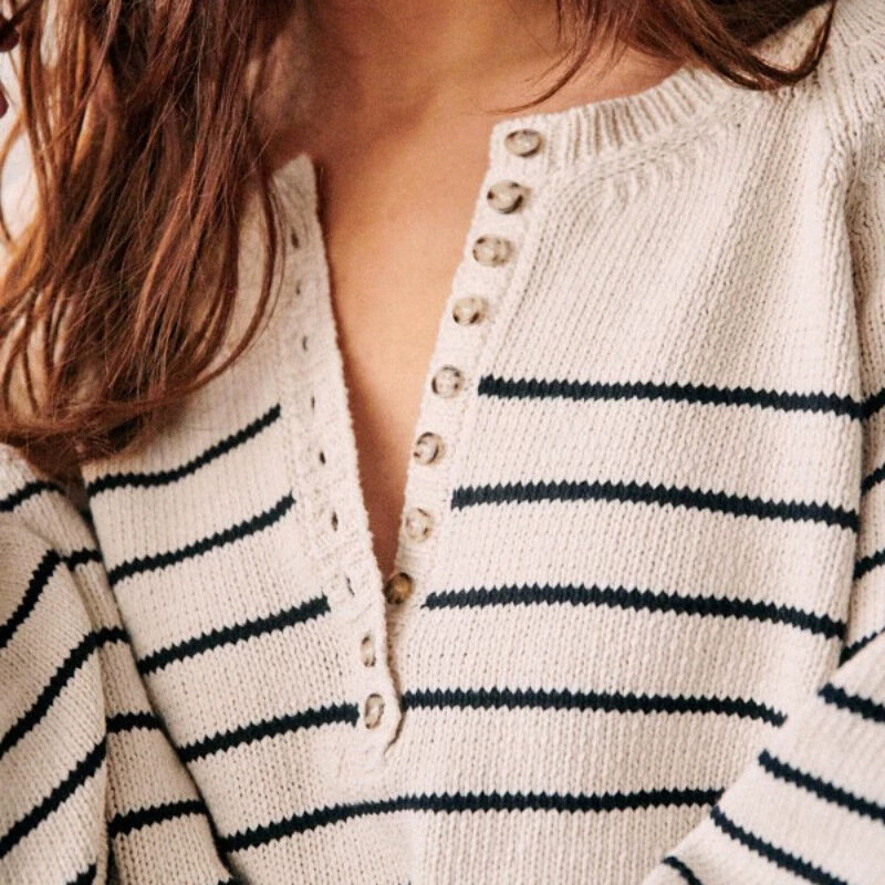 Women Long Puff Sleeve Stripes Sweater O-Neck Buttons All-Match Fall Winter 2023 Female Loose Jumpers