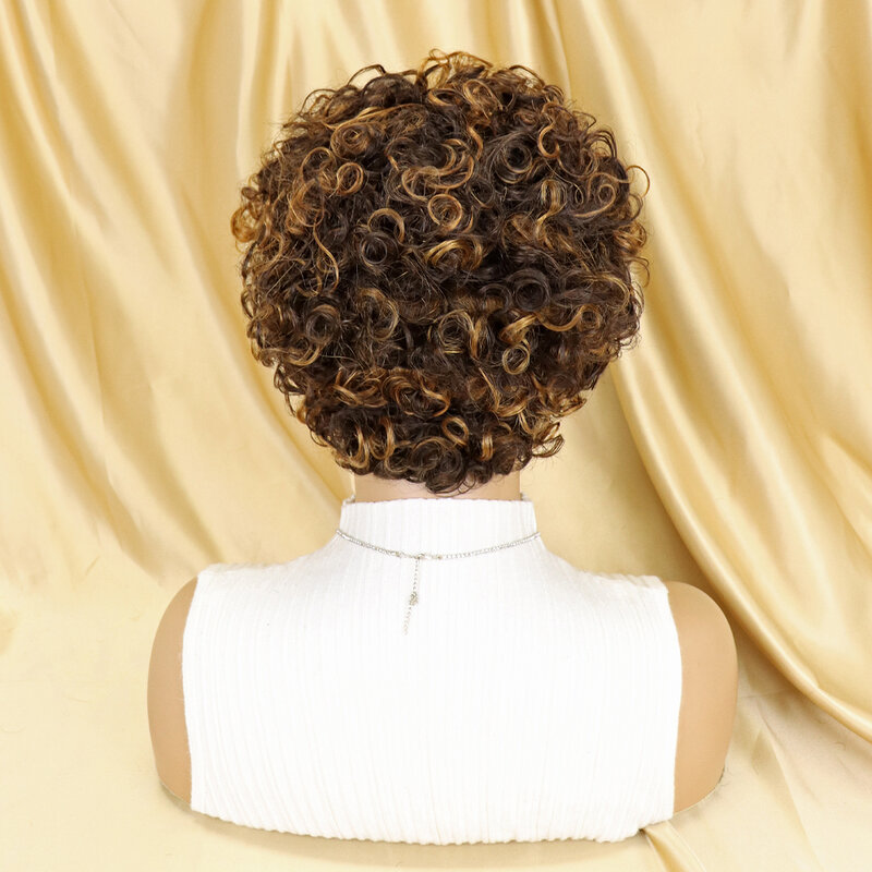 Fryzura Pixie peruka ludzkie włosy krótkie kręcone ludzkie włosy peruki dla czarnych kobiet tanie ludzkie włosy peruka pełna maszyna Glueless peruka z lokami włosów