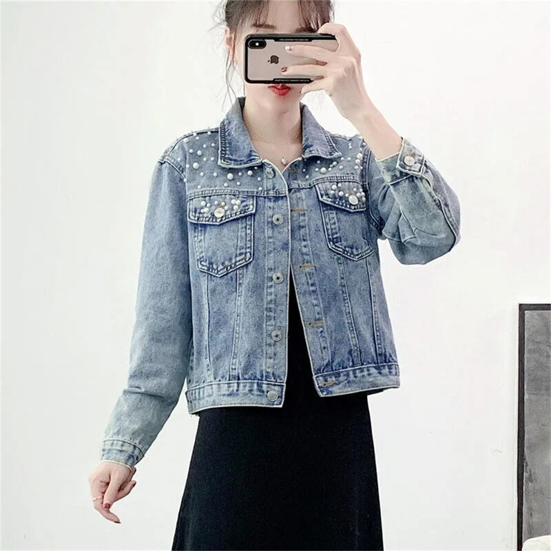 Женская короткая джинсовая куртка, повседневный Укороченный кардиган в Корейском стиле с пуговицами и жемчужинами, свободного покроя, с длинным рукавом, осень 2023