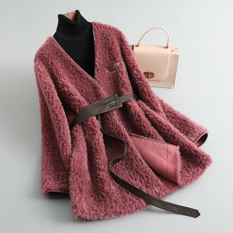 AYUNSUE-Veste de tonte de mouton pour femme, manteau de fourrure mi-long, vêtements d'extérieur élégants, 100% laine, hiver