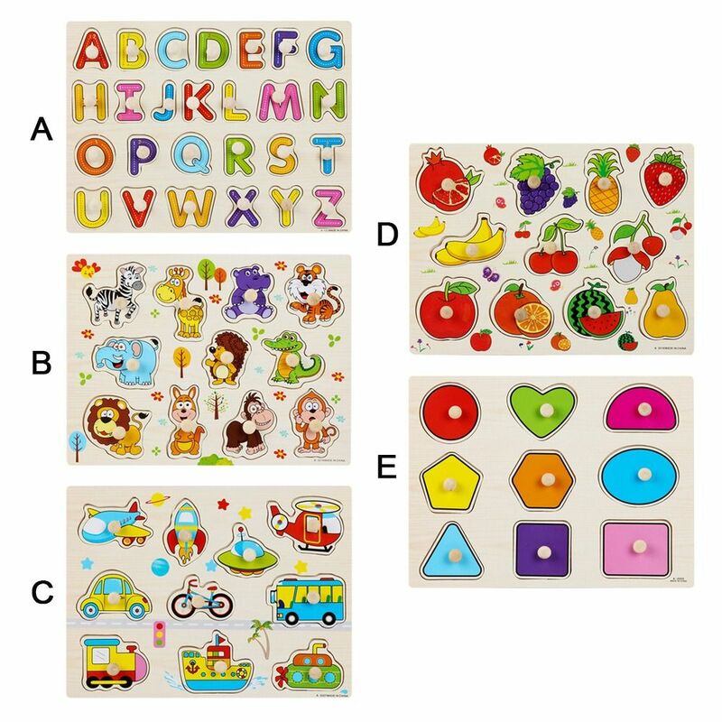 Early Educational 3D Animal Vehicle Learning Wooden Puzzle Jigsaw Alphabet Hand Grab Boards Letters Montessori Toys