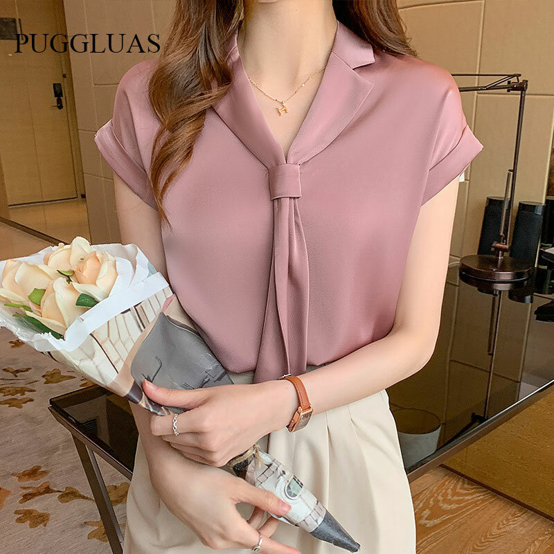 Blusa De verano con cinta para Mujer, camisa De manga corta, color rosa, con solapa, para oficina, 2022
