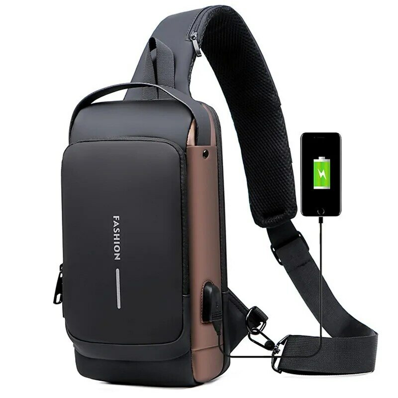 Travel Shoulder Briefcase Bag Men Password Lock Motorcycle Bag Waterproof Sports Chest Bag Anti-theft Crossbody Bag USB Charging