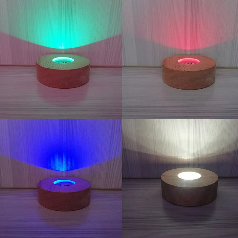 Base d'affichage de lumière LED ronde en bois à piles, support de support 3D, lampe de nuit de table, verre de cristal, ornements d'art en résine, 8cm