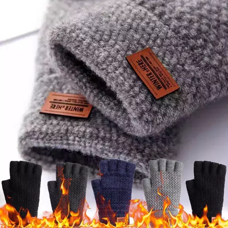 Winter Vingerloze Handschoenen Voor Mannen Half Vinger Schrijven Kantoor Gebreide Dikke Wol Warm Label Dikke Elastische Outdoor Rijden Handschoenen