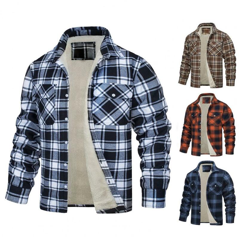 Jaqueta de lapela xadrez de peito único masculina, bolsos macios de pelúcia, design casual, outono, inverno