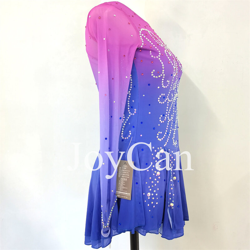 JoyCan figur es gaun seluncur gadis, pakaian tari kompetisi jaring elastis spandeks ungu disesuaikan