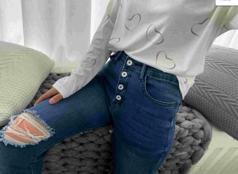 Jeans jeans rasgado e magro feminino, calças compridas, design de bolso abotoado, recorte moda, tendência de rua, 2024