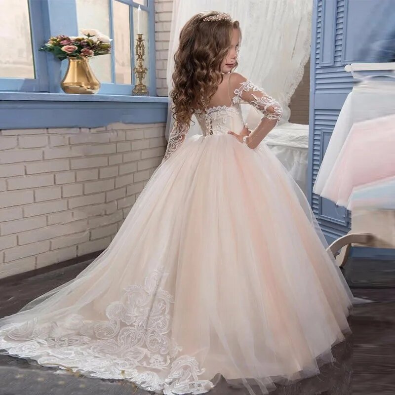 Кружевное Тюлевое платье с глубоким круглым вырезом для девочек, 2024, платье для первого свадебного дня рождения, детское бальное платье, банкетное платье принцессы с длинным рукавом