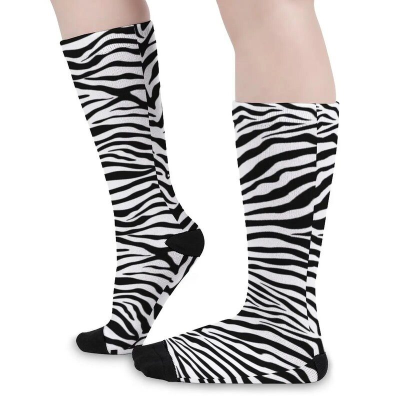 Chaussettes de sport à motif zèbre pour hommes et femmes, chaussettes à rayures noires et blanches, imprimé animal