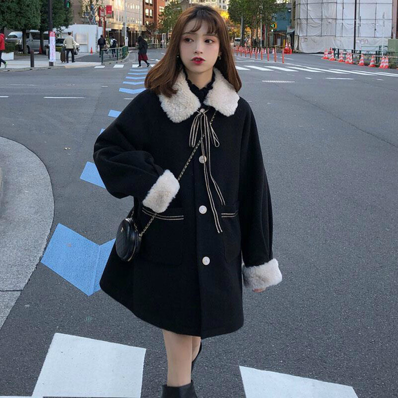 Women's Winter New Fashion Sweet and Cute New 2024 Wool Blended Jacket Bowknot Fur Collar Warm Thickening Long Sleeve Women