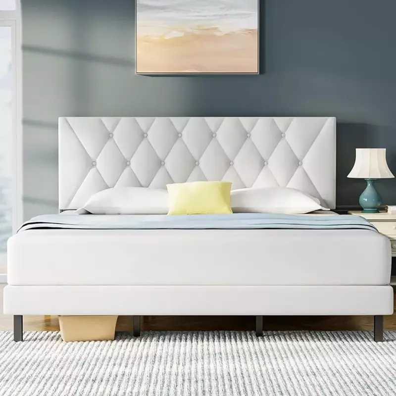 Marco de cama con plataforma envolvente de tela de lino, cama tamaño Queen y King, cabecera ajustable, almacenamiento completo, muebles de dormitorio para el hogar
