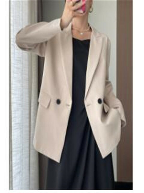 Moda feminina duplo breasted solto encaixe blazer casaco vintage manga comprida bolsos outerwear feminino chique veste femme