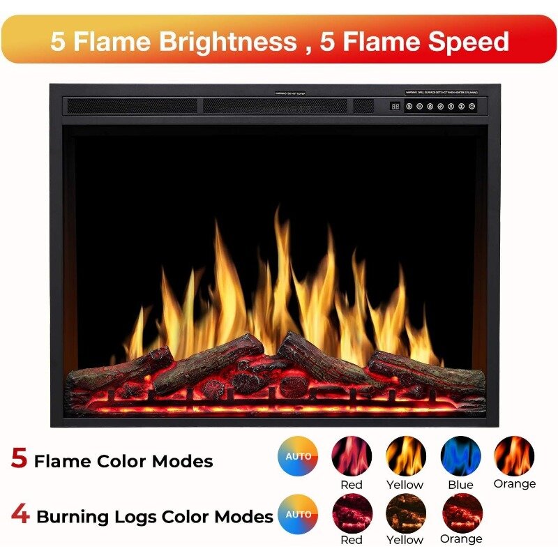 R.W. FLAcloser-Insert de cheminée électrique avec télécommande, couleurs de flamme réglables, couleurs de bûches, vitesse et luminosité de la flamme, 37 pouces