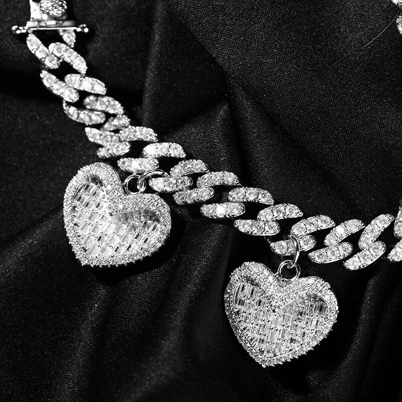 Uwin-pulsera con colgante de foto de corazón, cadena cubana de 9mm, 4 corazones pequeños, Miami Link, cadena de CZ micropavimentada de lujo