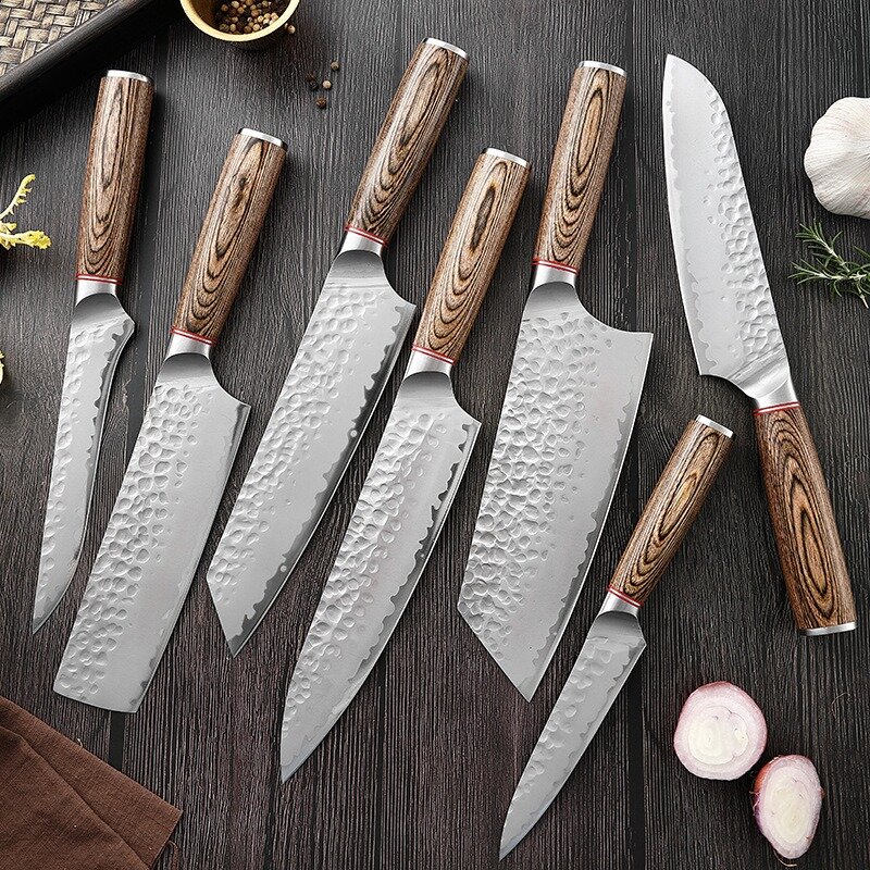 Juego de 11 cuchillos japoneses para Chef, pelador de frutas, mango de madera de color, cuchillo para deshuesar carne, herramientas de cocina