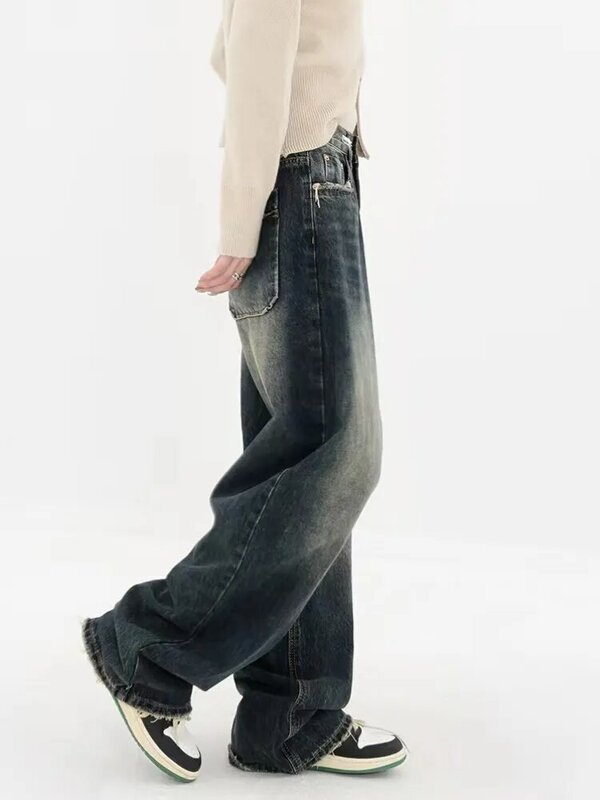 Femmes Harajuku Style Lâche Large Jambe Jeans Automne Hiver Rue Mode Rétro Droite Lâche Denim Pantalon