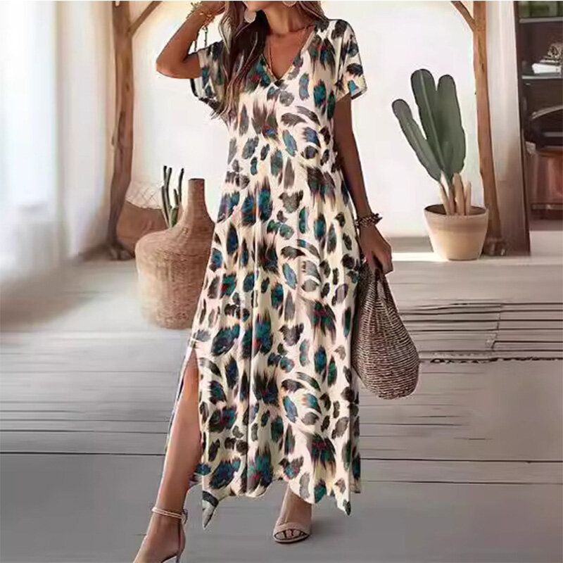 2024 neue Sommer elegante Mode lose lässig sexy Damen bekleidung süße unregelmäßige Druck Polyester V-Ausschnitt übergroße y2k Kleider