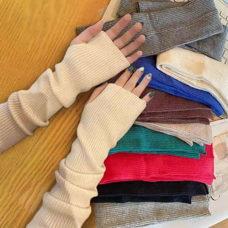 Women Knitted Arm Warmer Long Fingerless Gloves Mitten Winter Y2K Solid Arm Sleeve Fashion Casual Soft Girls Clothes Punk Gloves
