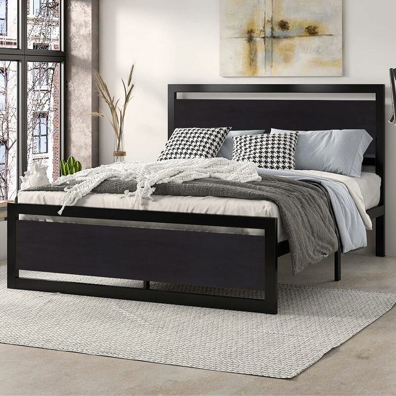 Grand cadre de lit en métal avec tête de lit en bois moderne, plateforme résistante, pied de lit à cadre carré, sans boîte à ressort