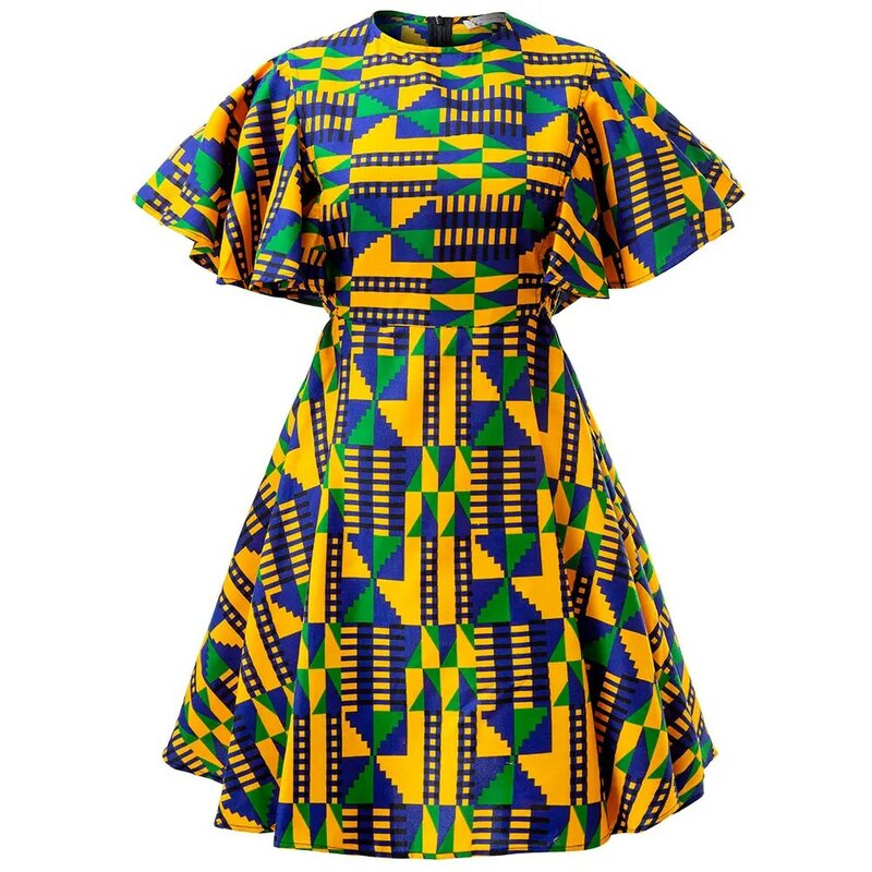Gaun motif Afrika untuk wanita, baju Midi lengan pendek baru, pakaian tradisional Kente, pakaian Afrika panjang selutut untuk wanita