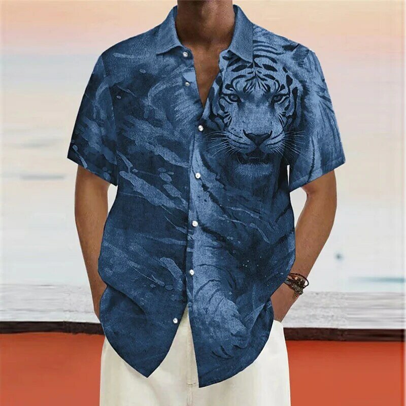 Модная и роскошная мужская рубашка с откидным воротником и пуговицами, рубашка с коротким рукавом и принтом в виде животного, тигра