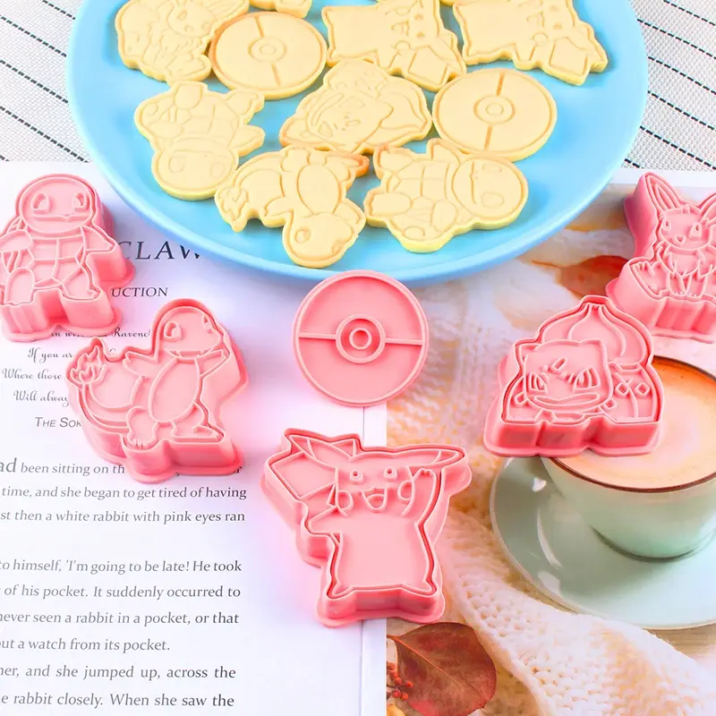 Pokemon cartoon cookies mold set, reutilizável, diy, ferramentas de cozimento, plástico, para decoração de casa, fontes do partido, 6pcs