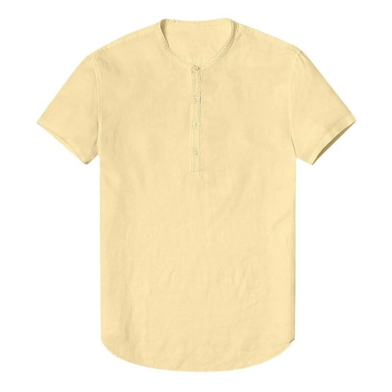男性用無地コットンとリネンの半袖シャツ,快適なブラウス,ラウンドネック,ボタン付き,シンプル